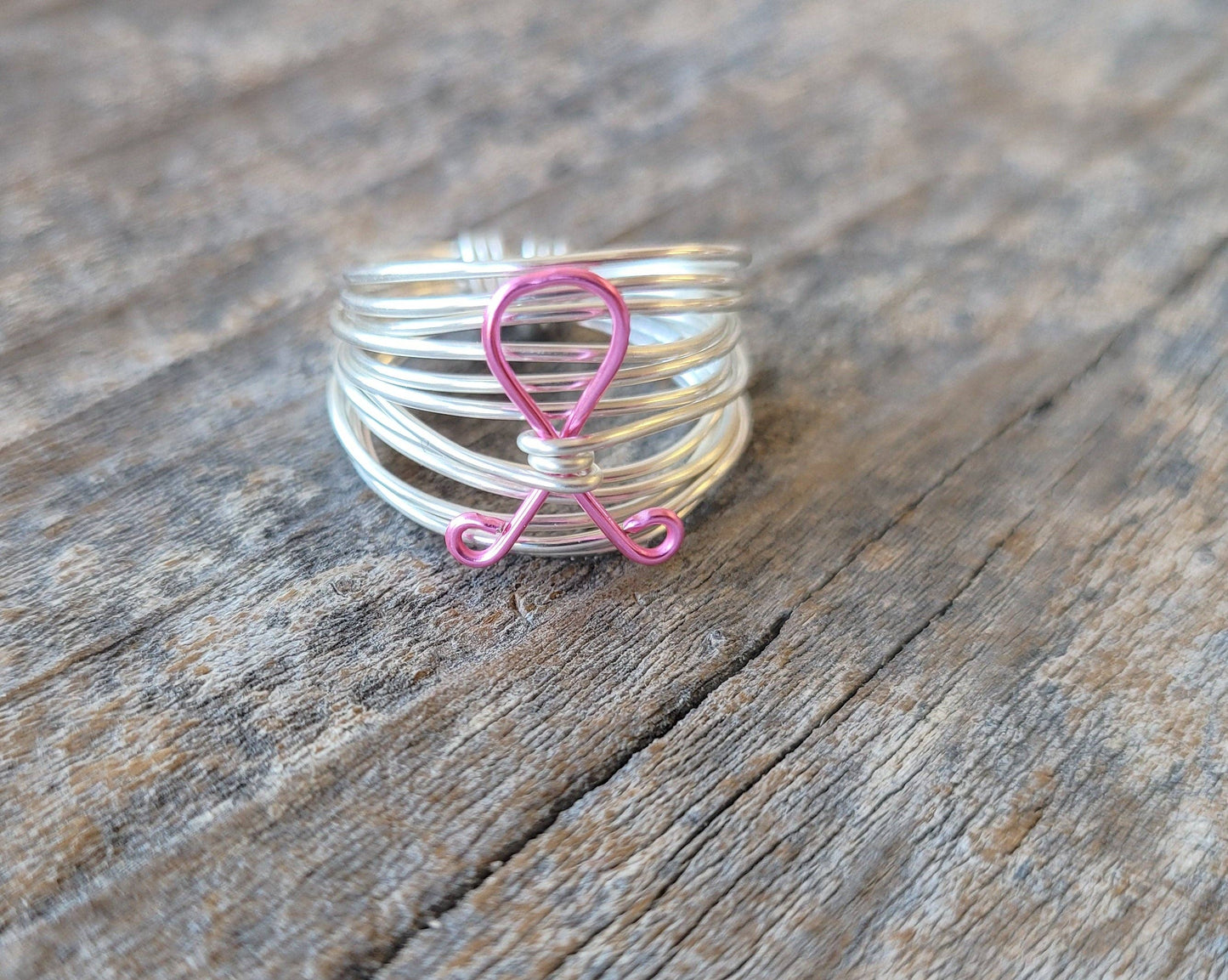 Marcia Wire Wrap Ring in Silver with Breast Cancer Ribbon