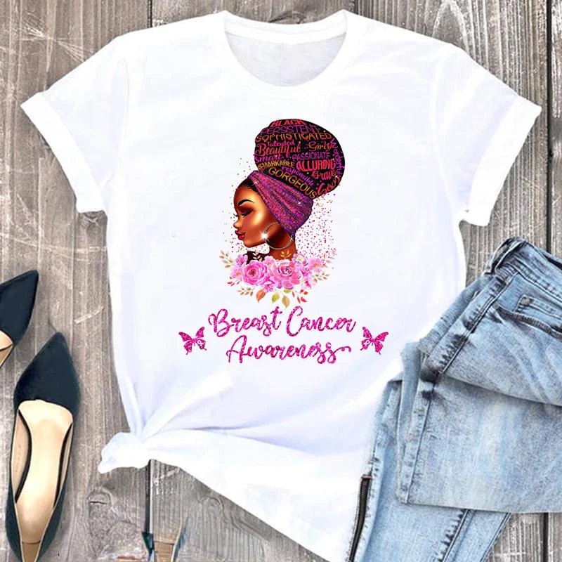 Women's Breast Cancer Awareness Graphic Print Teeshirts Melanin Poppin