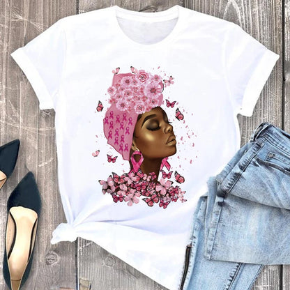 Women's Breast Cancer Awareness Graphic Print Teeshirts Melanin Poppin